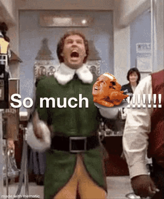 a man in a green elf costume is holding a turkey with a picture of a man on it .