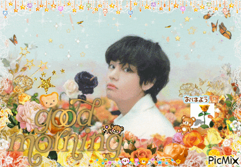 a picture of a man in a field of flowers with the words good morning
