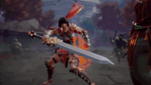 a video game character is fighting another character with a sword and fire coming out of it