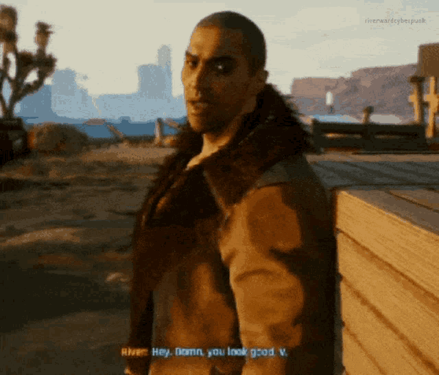 a man in a video game is talking to another man and says hey damn you look good v.
