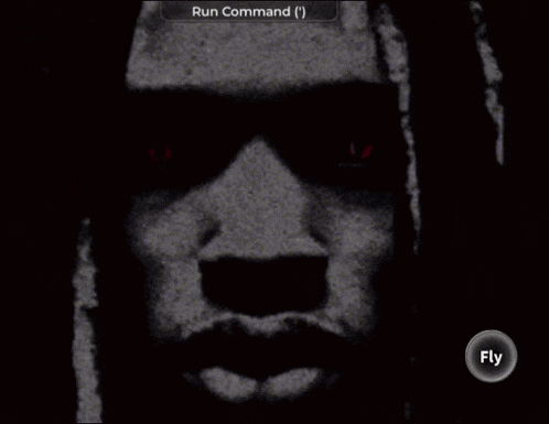 a black and white image of a man 's face with a run command icon above it