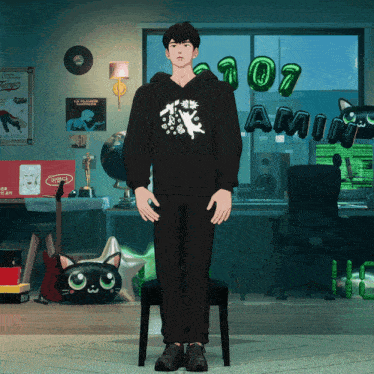 a man wearing a black hoodie stands in front of a room with balloons that say 107 amin