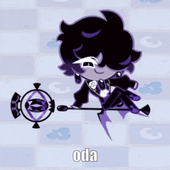 a cartoon character with purple hair is holding a purple wand and a purple necklace .