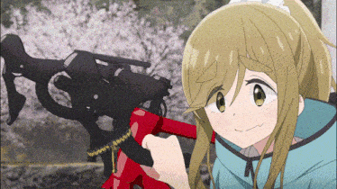 a girl with blonde hair is holding a red bicycle in front of a cherry blossom tree