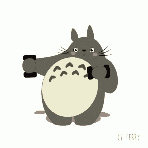 a cartoon drawing of a totoro lifting weights
