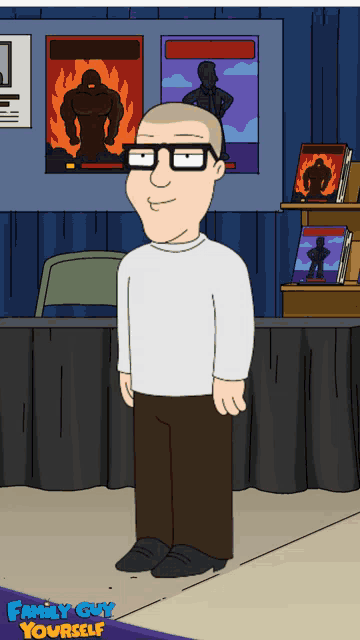 a cartoon character from family guy yourself stands in front of a table