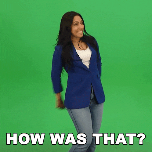 a woman is dancing in front of a green screen with the words how was that written below her