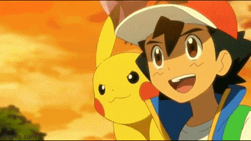 a cartoon character named ash is holding a pikachu and smiling