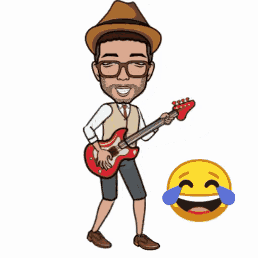 a cartoon of a man playing a guitar next to a laughing smiley face .