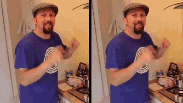 a man wearing a hat and a blue shirt that says boston is dancing in a kitchen