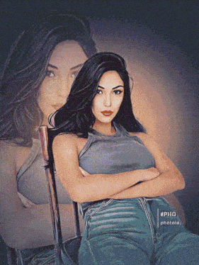 a painting of a woman sitting in a chair with her arms crossed and the hashtag #pho photola