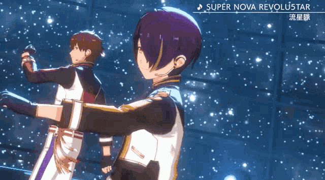 a boy with purple hair is dancing in front of a sign that says super nova revolstar