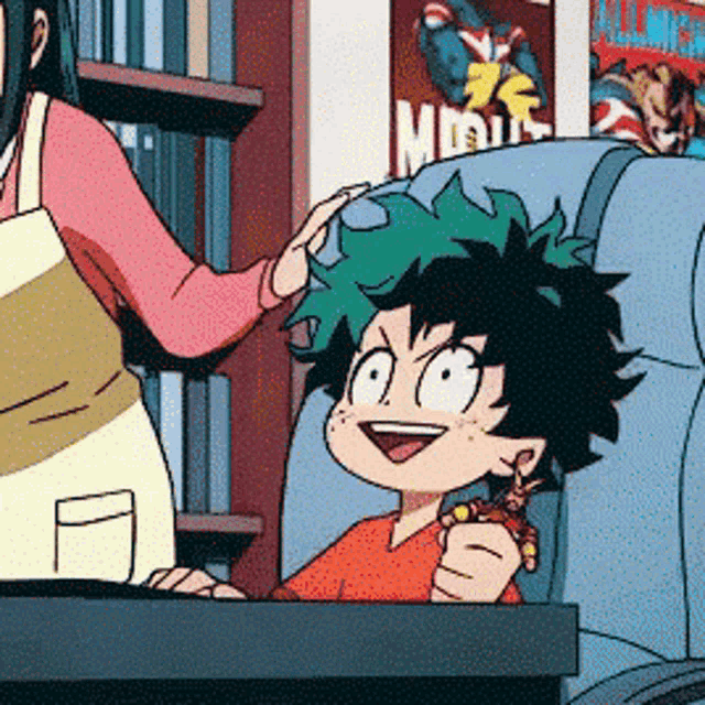 a cartoon of a boy sitting in a chair with a woman standing behind him