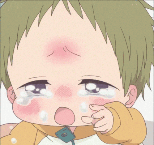 a baby with green hair is crying with tears running down his face