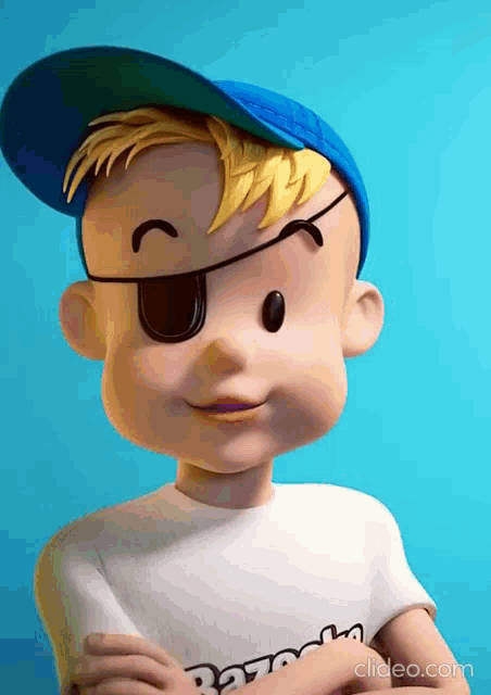 a cartoon character wearing a blue hat and a bandage on his eye