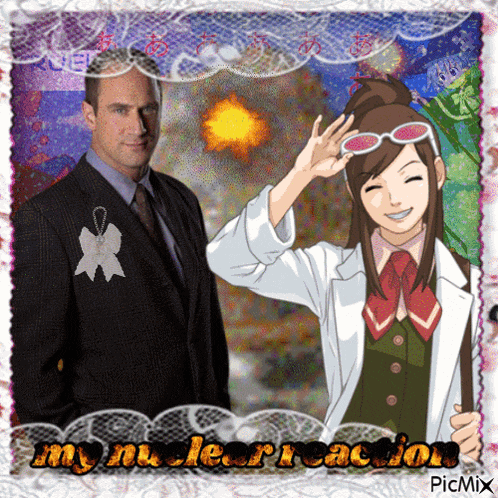 a man in a suit and tie stands next to a girl in a lab coat with the caption my nuclear reaction