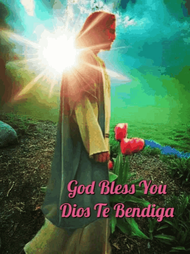 a picture of jesus with the words god bless you dios te bendiga above him