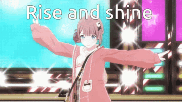 a girl in a pink jacket is dancing with the words rise and shine behind her