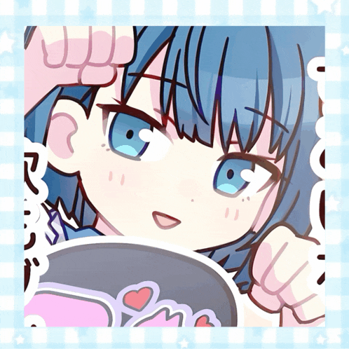 a drawing of a girl with blue hair and a sticker that says ' i love you '