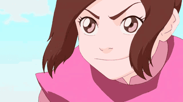 a cartoon girl with brown hair is wearing a pink shirt