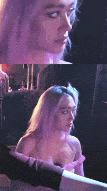 a woman with purple hair and a pink dress