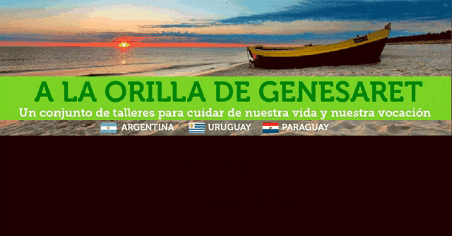 a poster with a boat on the beach and the words a la orilla de genesaret
