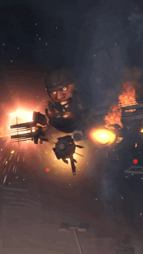 a man in a military uniform is flying through the air in front of a huge explosion
