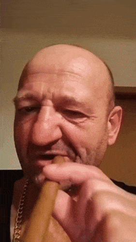 a bald man with a gold chain around his neck is eating a piece of food