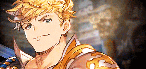 a man with blonde hair and blue eyes is holding a sword in his hand .