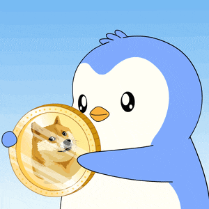 a penguin is holding a coin with a doge on it