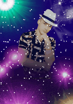 a man in a hat is surrounded by purple and blue lights