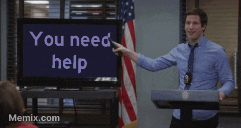 a man pointing to a screen that says you need help