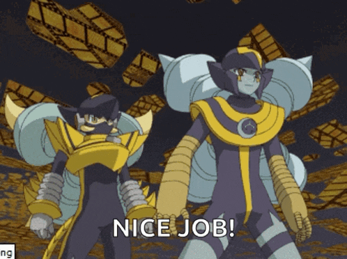a couple of robots standing next to each other with the words nice job