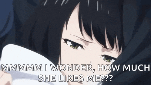 a close up of a girl 's face with the words `` i wonder , how much she likes me '' written on it .
