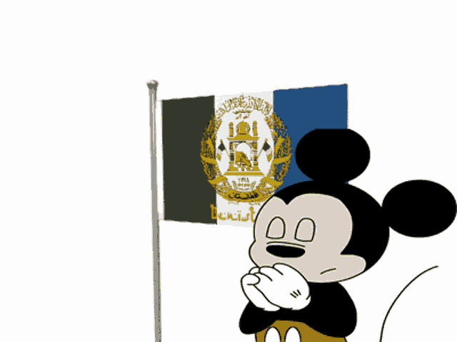 a cartoon mickey mouse stands in front of a flag that says afghanistan