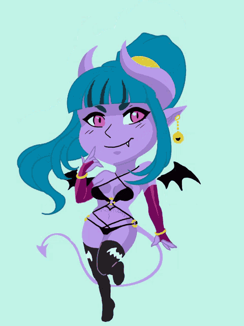 a cartoon drawing of a devil with blue hair