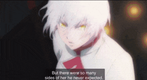 a girl with white hair and yellow eyes says but there were so many sides of her he never expected ..