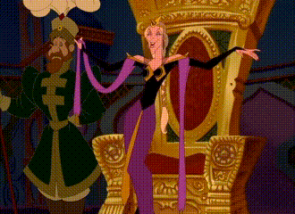 a cartoon of a woman in a purple dress sitting on a gold throne