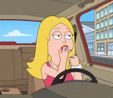 a cartoon of a woman smoking a cigarette while applying lipstick