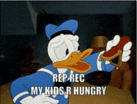 a cartoon of donald duck with the words rep rec my kids r hungry written below him