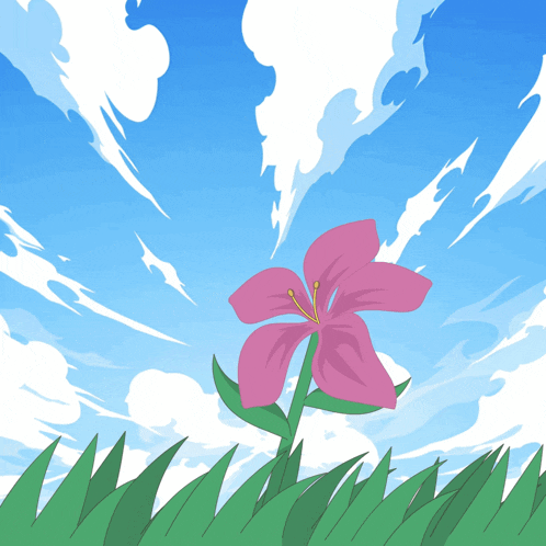 a pink flower with a yellow center is growing out of the grass