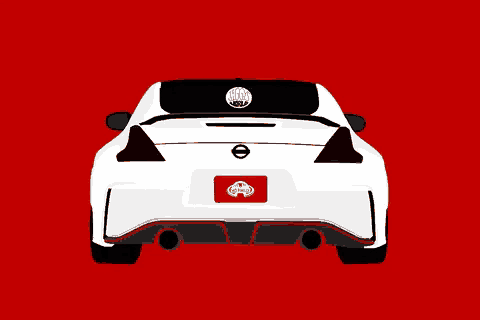 a white car with a red license plate that says nissan