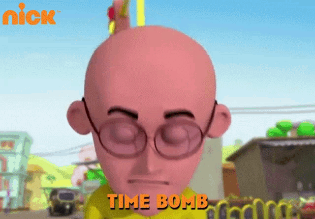 a bald cartoon character with glasses and the words time bomb