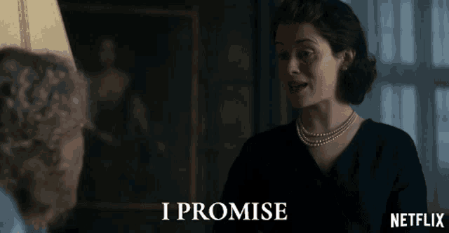 a woman with a pearl necklace stands next to another woman with the words " i promise " written below her