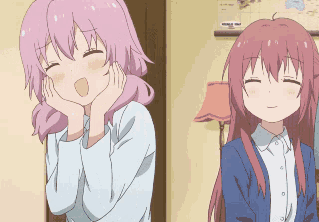 two anime girls are standing next to each other with a world map on the wall behind them