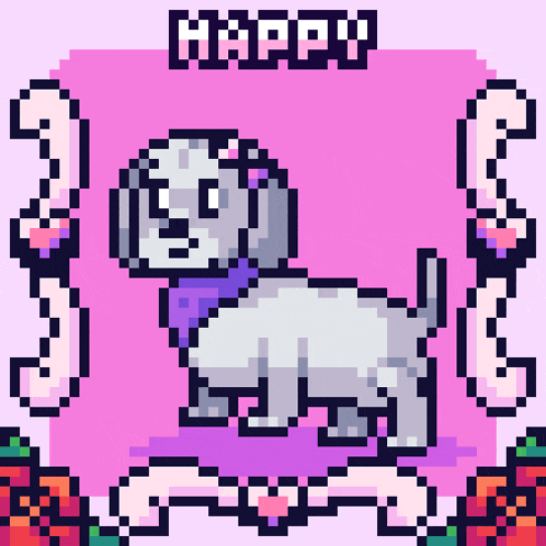 a pixel art drawing of a white dog with the word happy above it