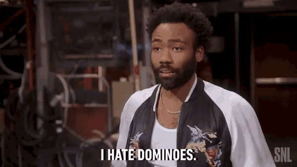a man in a bomber jacket says i hate dominoes .