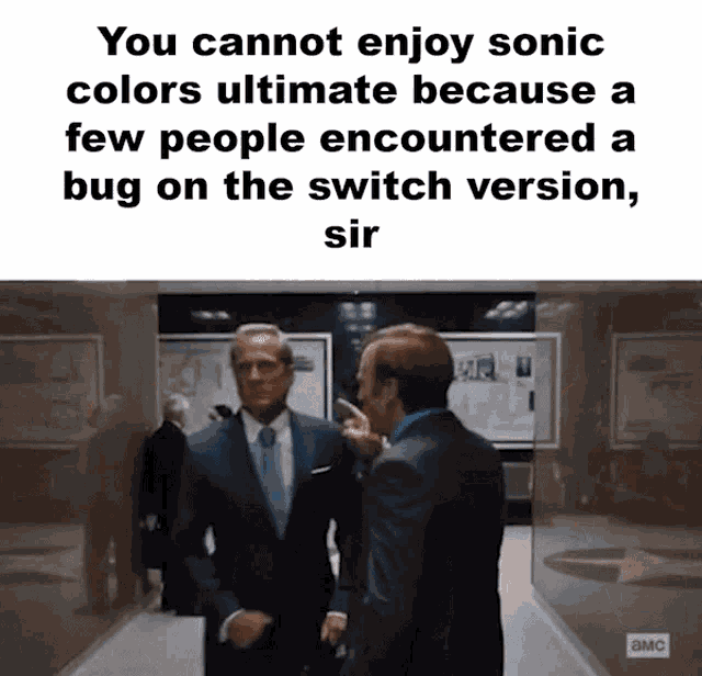 two men in suits are standing next to each other in a hallway talking about sonic colors ultimate
