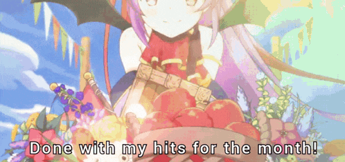 a girl holding a basket of apples with the words done with my hits for the month below her