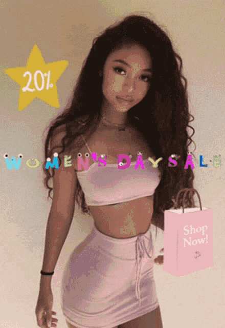 a woman is holding a pink bag that says shop now on it